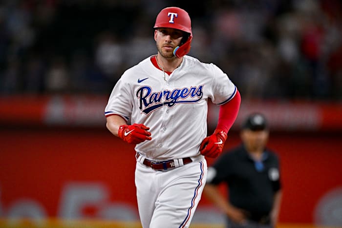 Texas Rangers designated hitter Mitch Garver (18) in action during the game between the Texas Rangers and the Seattle Mariners at Globe Life Field.